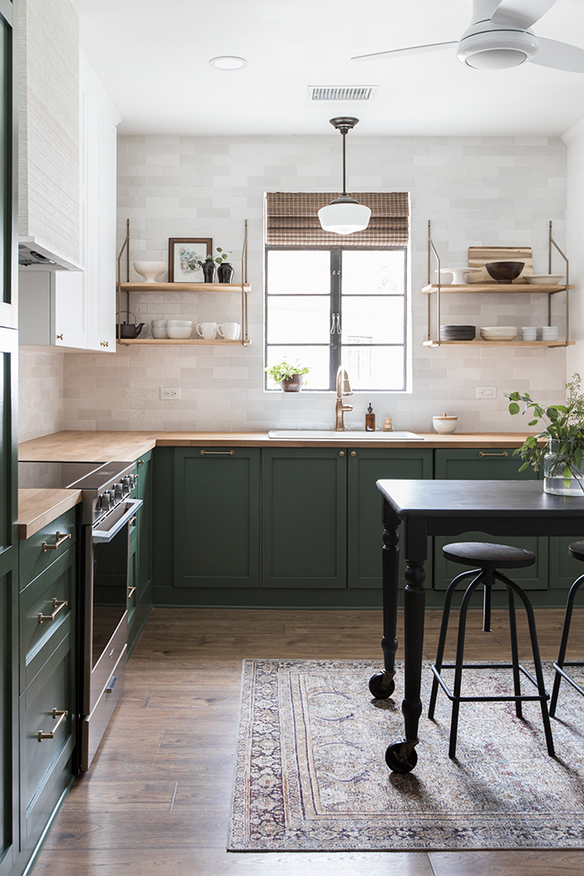 navy and wood cabinets