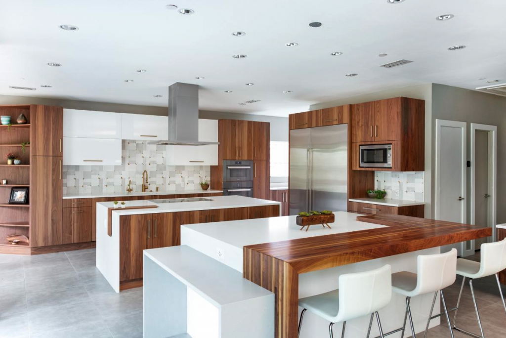 walnut and white kitchen