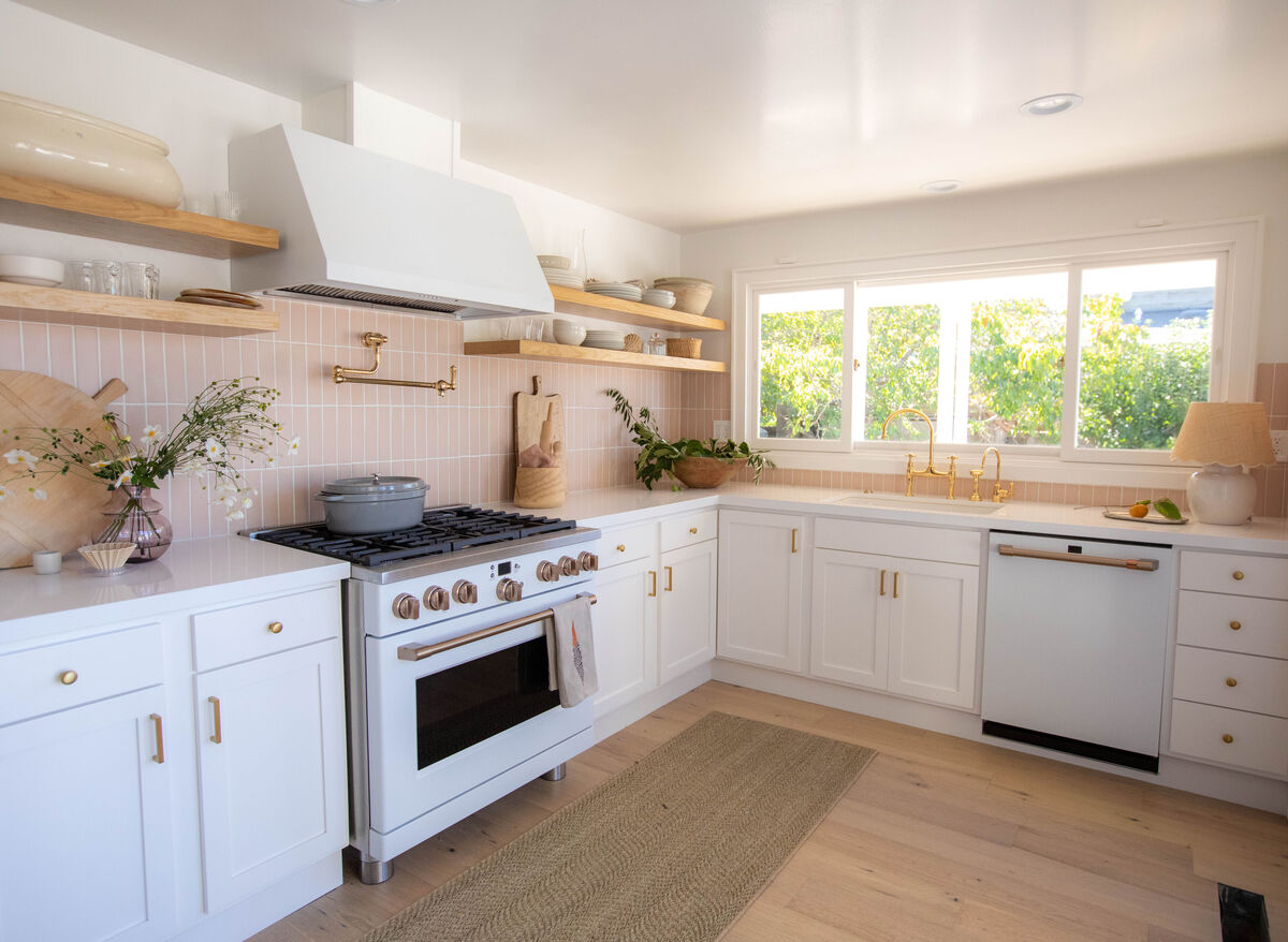 pink tile in a white kitchen
