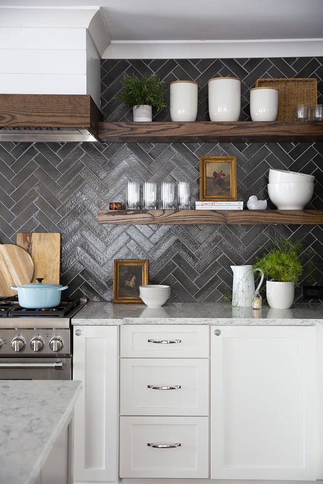 black backsplash white kitchen cabinets