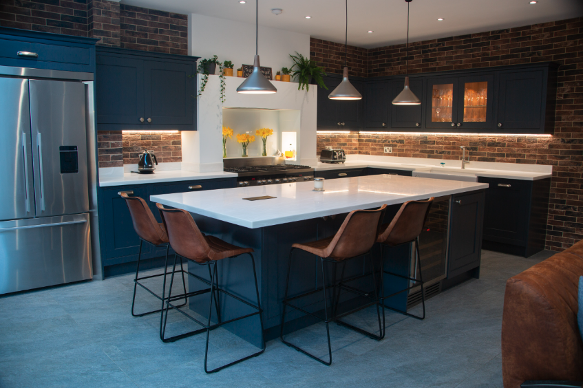 loft style navy blue kitchen
